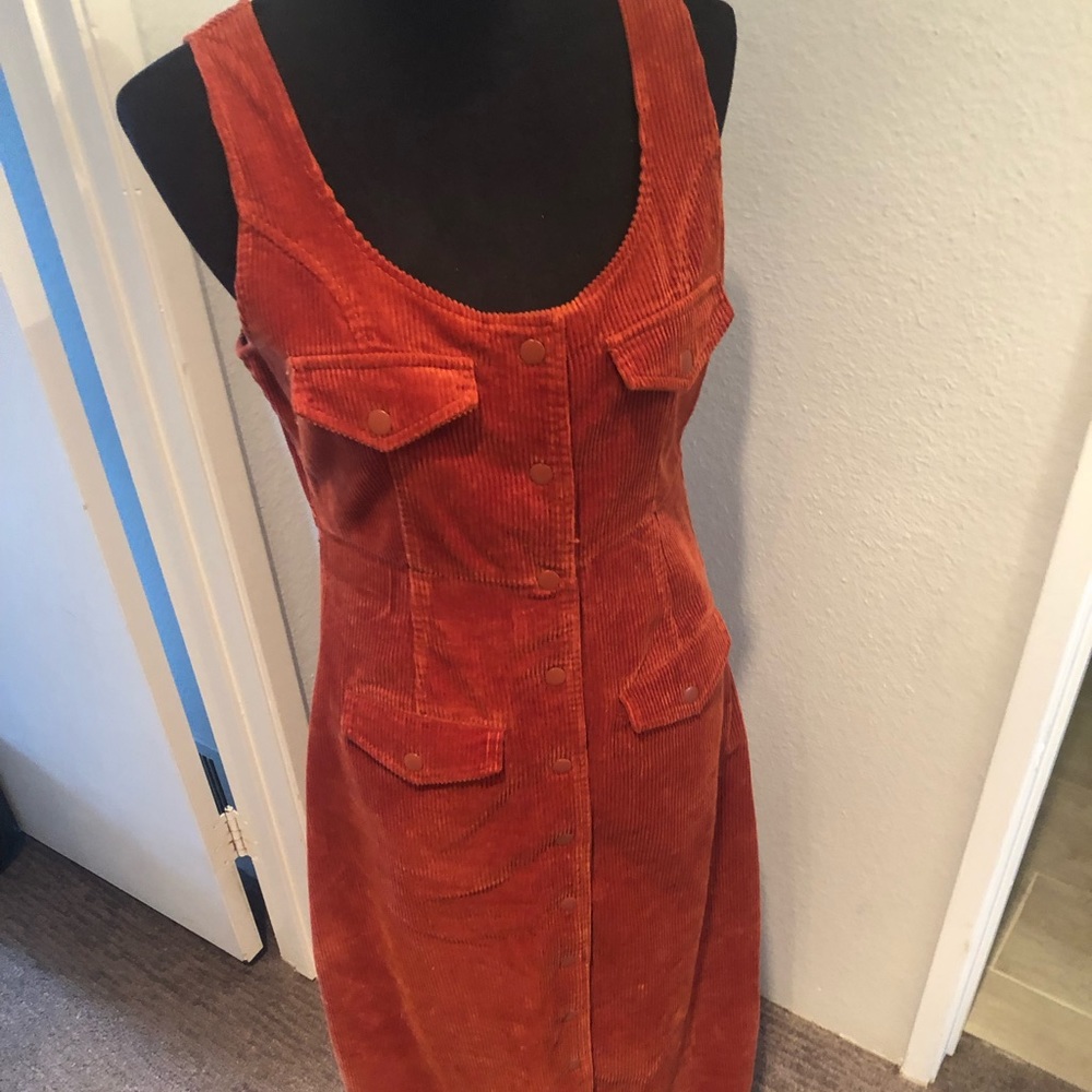 Corduroy rust colored pinafore-style dress